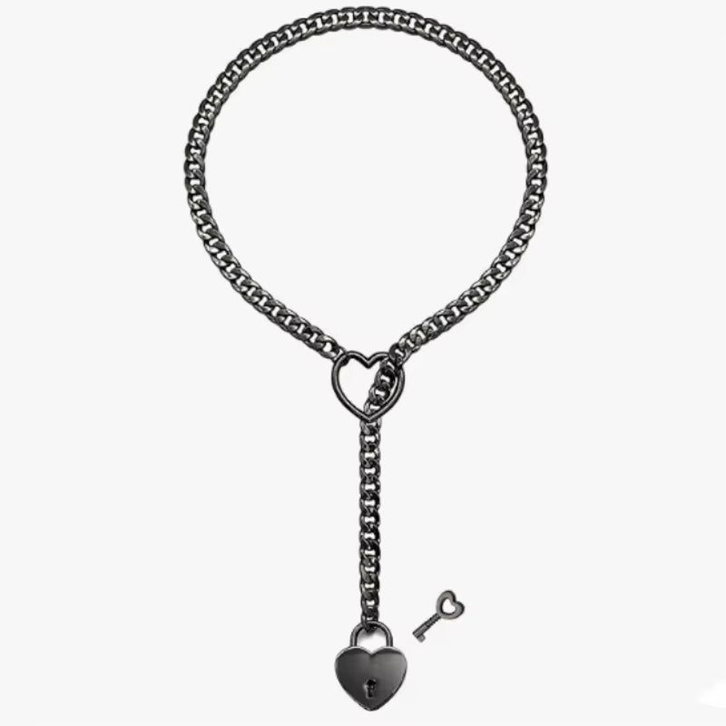 Womens Slip Chain Necklace Heart O-Ring Punk Rock Cuban Long Necklace Jewelry Adjustable Lariat Y-Necklace Heart Locker with Key